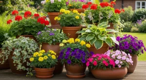 Mix of flowers and greenery in pots