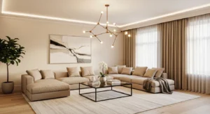 Statement lighting enhancing beige room