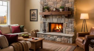 Stone fireplace adding texture and character