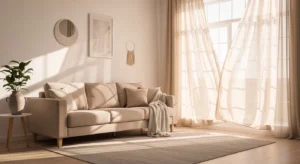 Beige sofa with soft curtains creating an airy elegant feel
