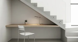 Under stairs floating desk creating a minimalist workspace