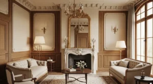 Decorative wall molding in vintage living room adding depth and style