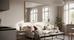 Mirror creating illusion of larger space in small living room bedroom combo