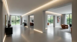 Continuous flooring in narrow hallway