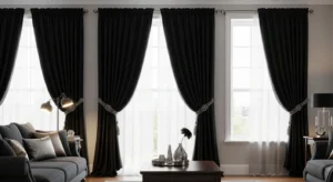 Black curtains adding drama and style to living room
