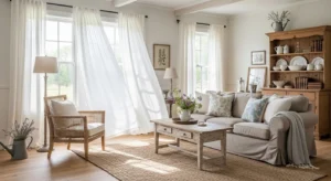 Soft curtains adding light and elegance to farmhouse living room