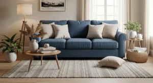 Neutral rug grounding blue sofa living room design