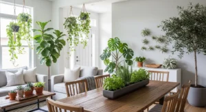 Greenery unifying living room dining room combo