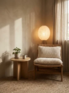 Japandi cozy corner seating with soft cushions and minimal decor