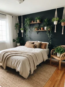 Black accent wall bedroom with green plants for a fresh contrast
