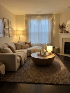 Textured brown rug anchoring a cozy modern living room with warm tones