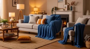 Blue throw blanket in living room