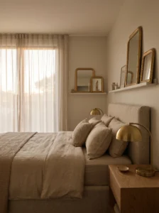Neutral bedroom with subtle metallic accents adding elegance