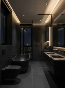 Matte black bathroom with bold modern and dramatic interior