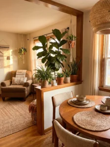 Plants used as natural divider in living room dining room combo