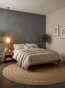 Charcoal and beige bedroom with modern earthy contrast