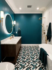 Teal bathroom wall with bold modern design