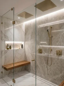Dual shower system with rainfall and handheld showerheads in modern bathroom