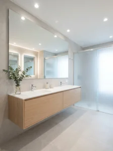 Oversized bathroom mirror making space look bigger and brighter