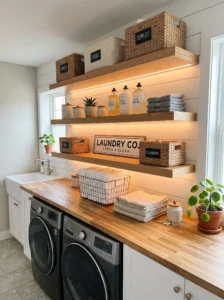 Under-shelf lighting in laundry room for better visibility and ambiance
