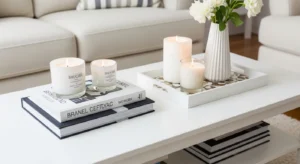 White coffee table styled with simple decor and neutral accessories