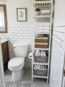 Slim vertical bathroom shelf unit for tight spaces and storage
