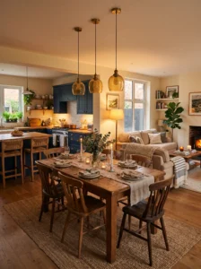 Dining table connecting kitchen and living room