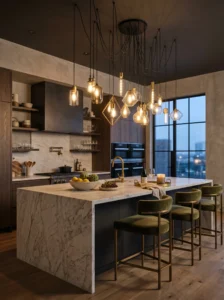 Cluster pendant lights over kitchen island with stylish layered design