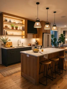 Layered kitchen lighting with pendant and under cabinet lights