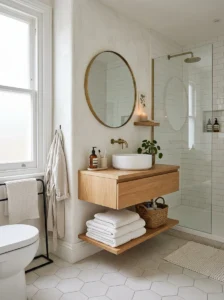 White bathroom with layered textures adding depth and visual interest