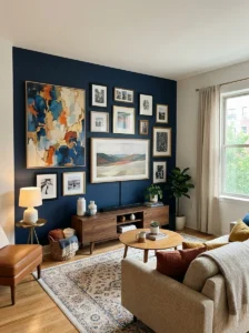 Focal point design in a small living room using statement decor or wall art