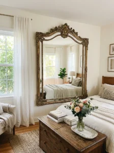 Mirror in a luxury bedroom enhancing light and creating a spacious feel