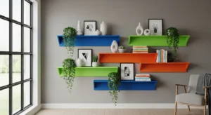 Colorful wall shelves adding personality to a living room
