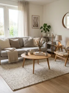 Neutral rug Scandinavian living room clean cozy design