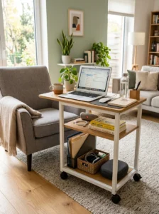 Rolling desk cart used as movable office in living room