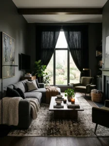 Black curtains adding depth and elegance to modern living room