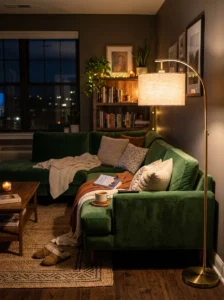 Green couch with soft lighting cozy ambiance