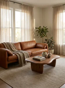 Brown couch with a statement coffee table as a focal point