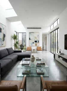 Grey couch with glass table in a bright modern living room