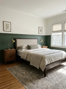 two tone green wall bedroom with panel design and modern style