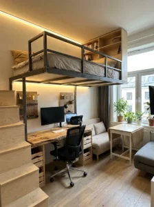 Loft bed in small bedroom maximizing floor space