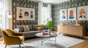 Patterned wallpaper creating a bold and stylish living room feature
