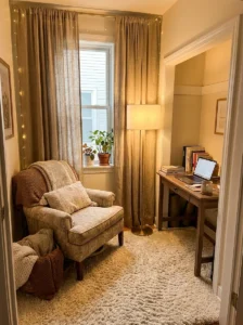 cozy small home office soft textures rug and decor ideas