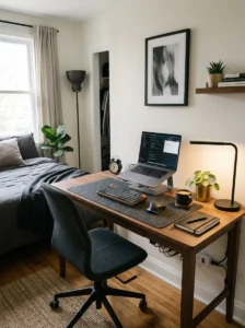 Modern desk setup in men’s bedroom with clean and minimal workspace design