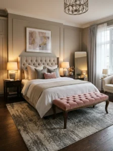 Pink upholstered bench in bedroom adding style and functionality