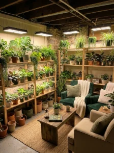 “Basement indoor garden with plants and soft lighting”