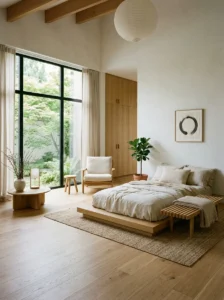 Japandi bedroom with open space and minimal uncluttered layout