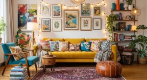 Yellow couch in an eclectic living room with mixed decor styles
