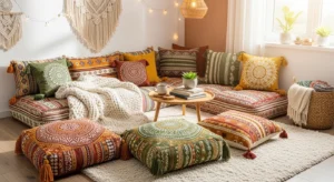 Floor seating adding a relaxed boho touch to a bedroom