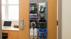 Over the door organizer maximizing storage in a dorm room
